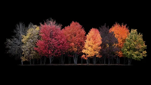 Autumn trees align in chromatic sequence against deep black