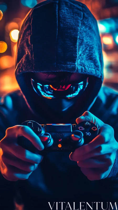 Hooded cyber gamer with controller under neon bokeh lighting