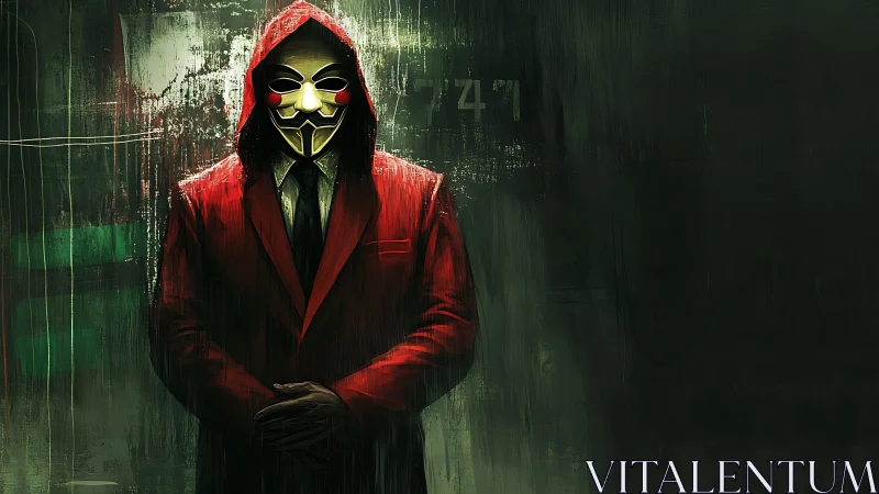 Masked figure in red hooded suit within digital gloom.