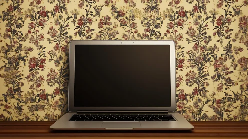 Laptop on vintage floral wallpaper background in warm light.