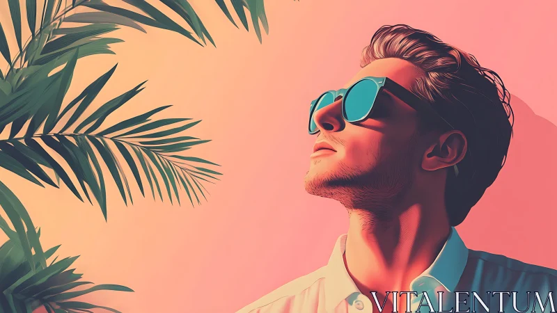 Stylized man in sunglasses against pink tropical backdrop.