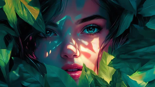 Luminous forest muse emerging through jewel-toned leaves.