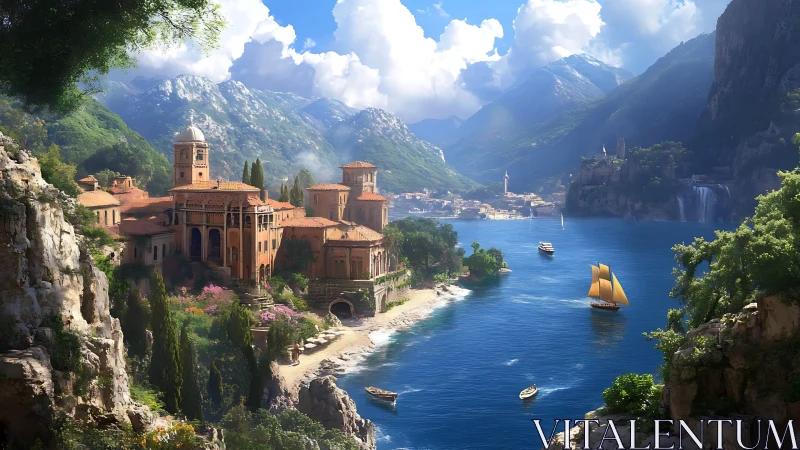 Coastal monastery complex overlooks mountainous blue inlet