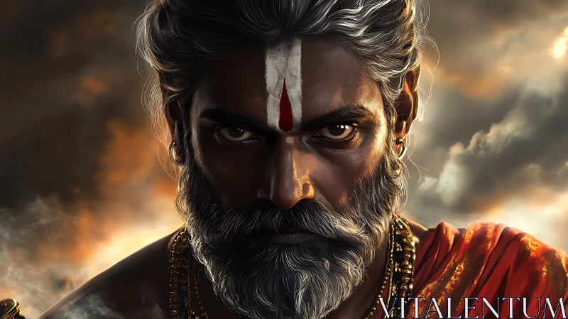 Portrait of stern bearded man with tilak against clouds.