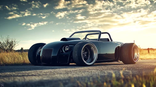 Sunset street rod crouches low and glints like liquid obsidian