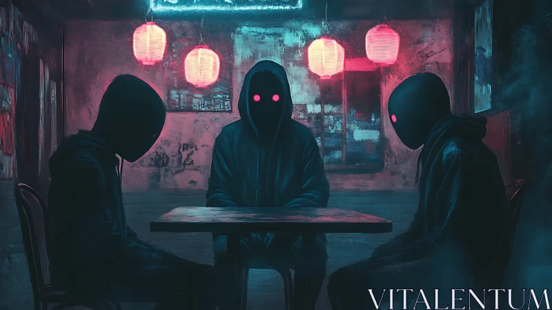 Hooded faceless figures seated under red lantern light.
