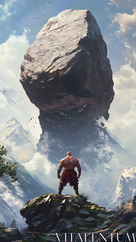 Stone colossus hovers while a lone warrior measures courage