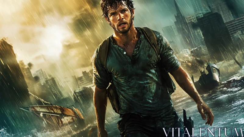 Male survivor strides through flooded post apocalyptic cityscape in rain