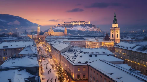 Snow-covered European cityscape at dusk with central fortress.