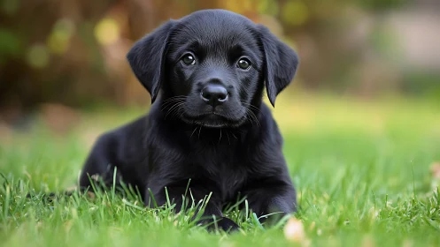 Black labrador puppy resting on lush garden grass.