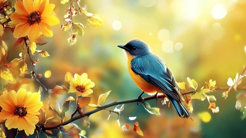 Blue and Orange Songbird on Flowering Branch, Soft Sunlight Art.