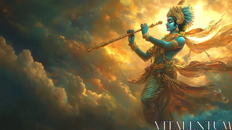 Blue-skinned figure playing flute amid luminous clouds.