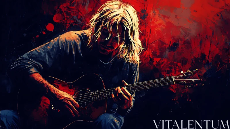 Solitary guitarist with acoustic instrument on red ground.