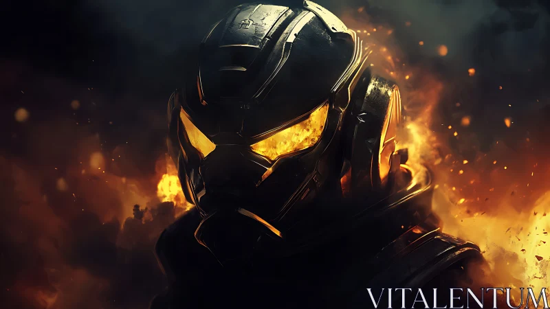 Armored sci fi soldier helmet engulfed in blazing fire.