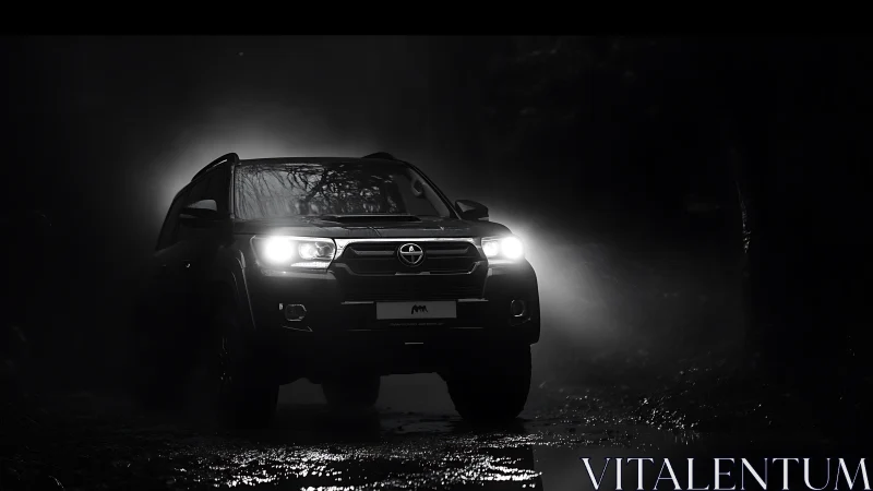 Monochrome off-road SUV in dramatic low-key night lighting.