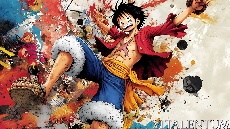 Energetic anime pirate hero over explosive paint bursts.