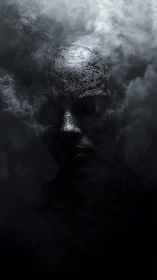 Textured human head emerging from dense surrounding smoke.