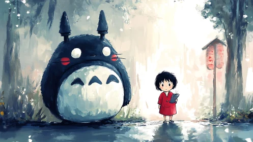 Child meets large forest spirit on misty woodland path