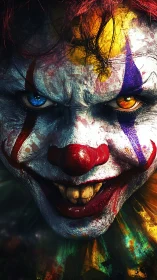 Carnival nightmare clown grinning with mismatched eyes.