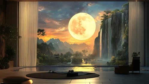 Interior pool frames hyperreal moonlit waterfall valley vista