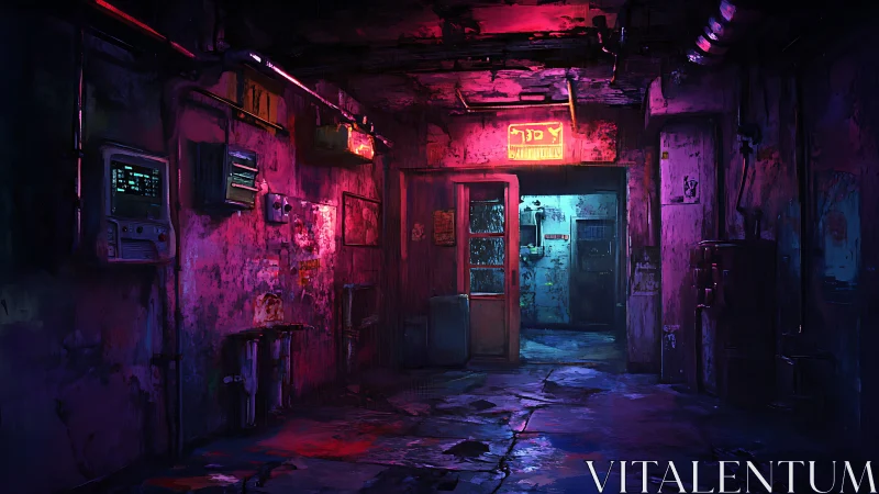 Neon-soaked cyberpunk corridor with decayed industrial doorways.