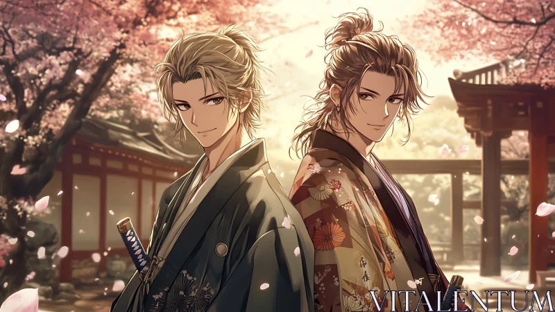 Kimono-clad samurai duo under luminous sakura canopy.