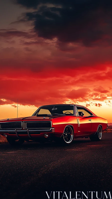 Vintage red muscle car on open road at dramatic sunset.