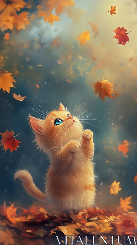 Curious Kitten Chasing Autumn Leaves in Dreamy Wonder.