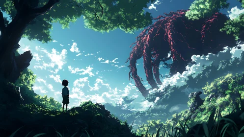 Child meets skyward forest giant under drifting clouds.