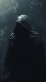 Mysterious hooded wanderer emerging from shimmering shadow.