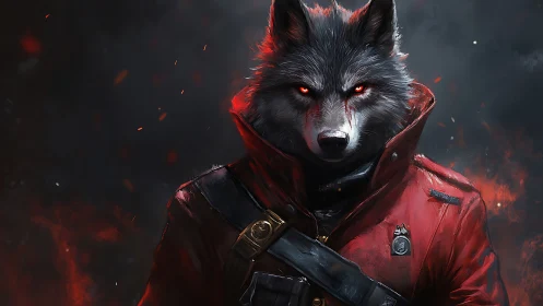 Wolf-headed humanoid in red coat amid embers and smoke.