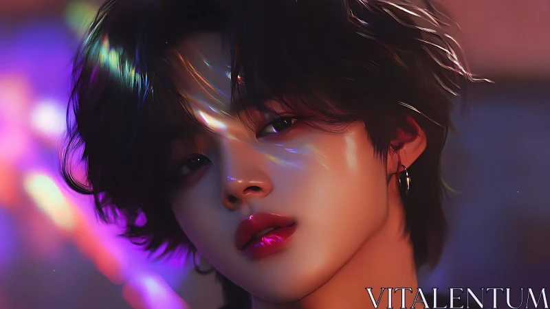 Digital portrait of youthful figure in colored light field.