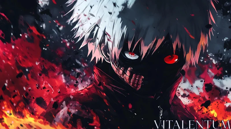 Masked white-haired warrior amid raging crimson firestorm.