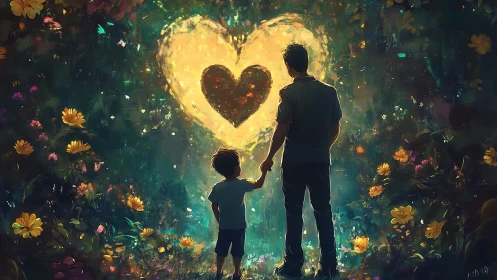 Adult and Child Silhouettes Gazing at Luminous Heart Shape Within Floral Garden Setting