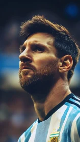 Focused footballer in striped jersey under stadium lights.
