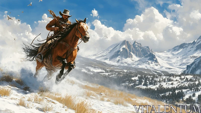 Cowboy racing across sunlit snowy plains with bold freedom.