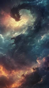 Cosmic storm dragon coils through glowing nebula skies.