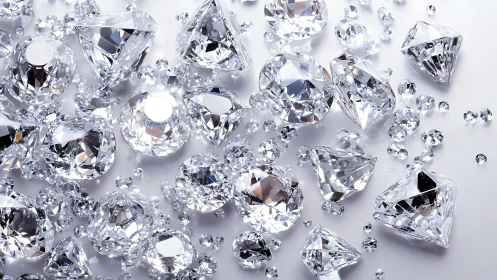 Scattered brilliant cut diamonds on reflective white surface.