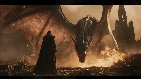 Cinematic fantasy standoff with dragon amid burning ruins.