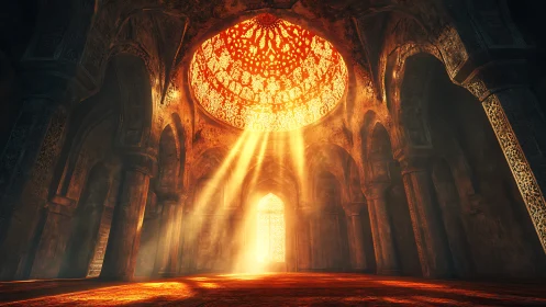 Golden sunlit hall glowing under an ornate domed ceiling.