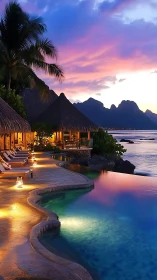Coastal resort infinity pool at sunset with mountain backdrop.