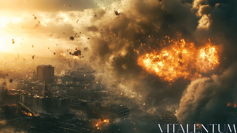 Cinematic urban explosion engulfs skyline in high-contrast haze