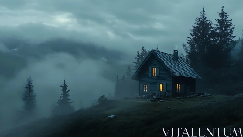 Lone alpine cabin glows softly through brooding mountain mist.