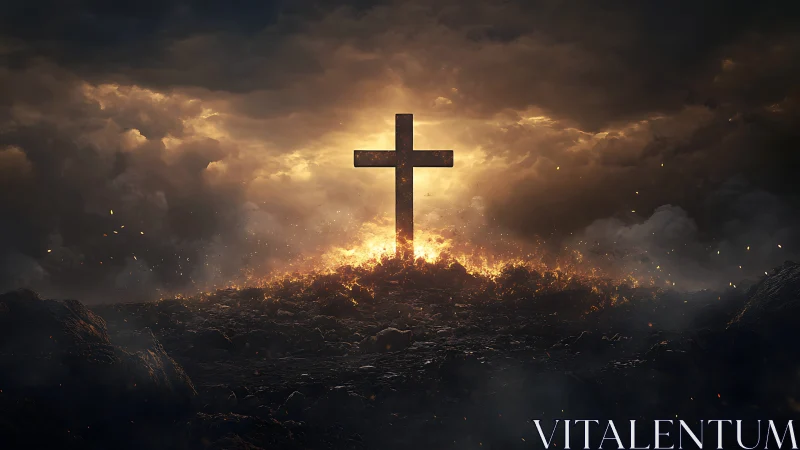 Solitary cross on rocky ground amid storm clouds and fire.