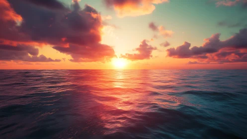 High-saturation ocean sunset with volumetric clouds and specular highlights