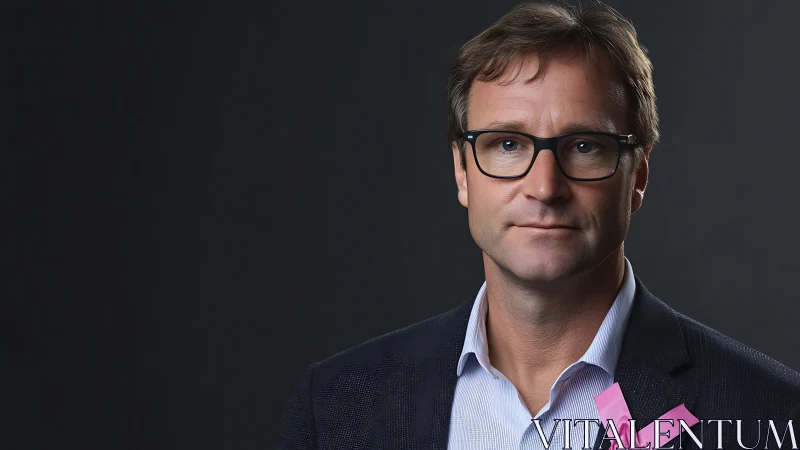Middle aged man in suit with pink ribbon on dark backdrop.