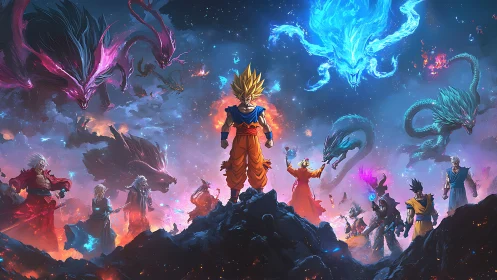 Cosmic warriors confronting elemental dragons in nebula skies.