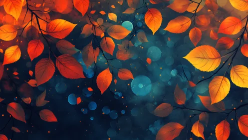 Glowing autumn leaves drift gently across a dreamy night sky