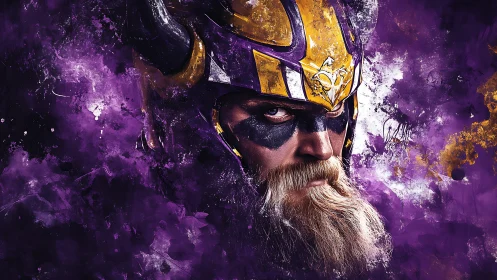 Warrior in purple horned helmet glares through swirling paint