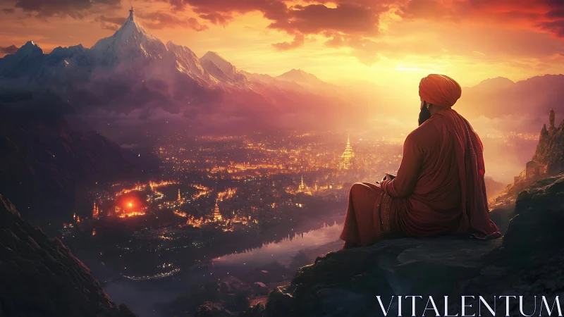 Monk in crimson robes contemplates a glowing valley at sunset.